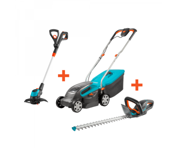 Газонокосилка аккумуляторная Gardena PowerMaxLi-18/32, Триммер аккумуляторный Gardena EasyCut Li-18/23, Ножницы аккумуляторные Gardena ComfortCut Li-18/50