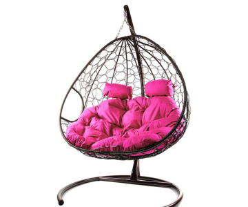 Кресло подвесное M-Group для двоих (коричневый ротанг/ розовая подушка)