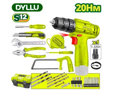 Дрель-шуруповерт с набором инструмента DYLLU DTDT1B77 (77 предметов)