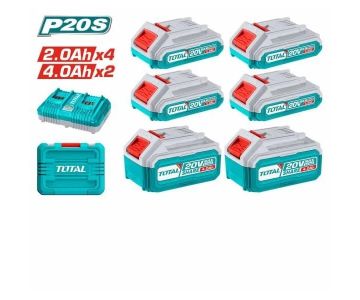 Набор аккумуляторных батарей Li-Ion 20V, 2.0Ah (4 шт.)+ 4.0Ah (2 шт.), зарядное устройство TOTAL TOSLI230701